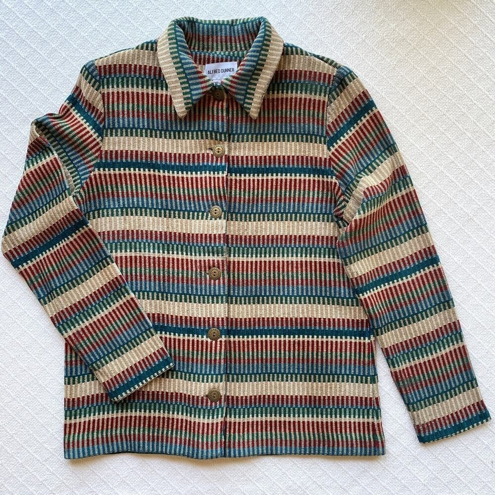 Alfred Dunner Multicolor Stripe Woven Chenille Button Up Light Jacket Retro Vntg